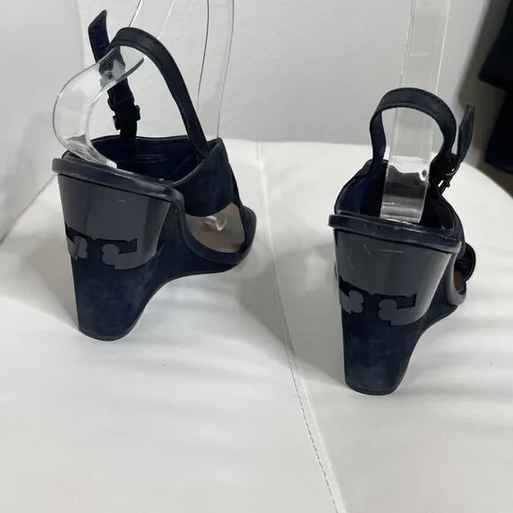 Tory Burch Slingback Wedge Sandals 7.5 Blue Suede Gabrielle Quiet Luxury Shoes - Picture 8 of 16